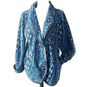 Bob Mackie Wearable Art M Jacket Fleece Blue Black Button NWOT